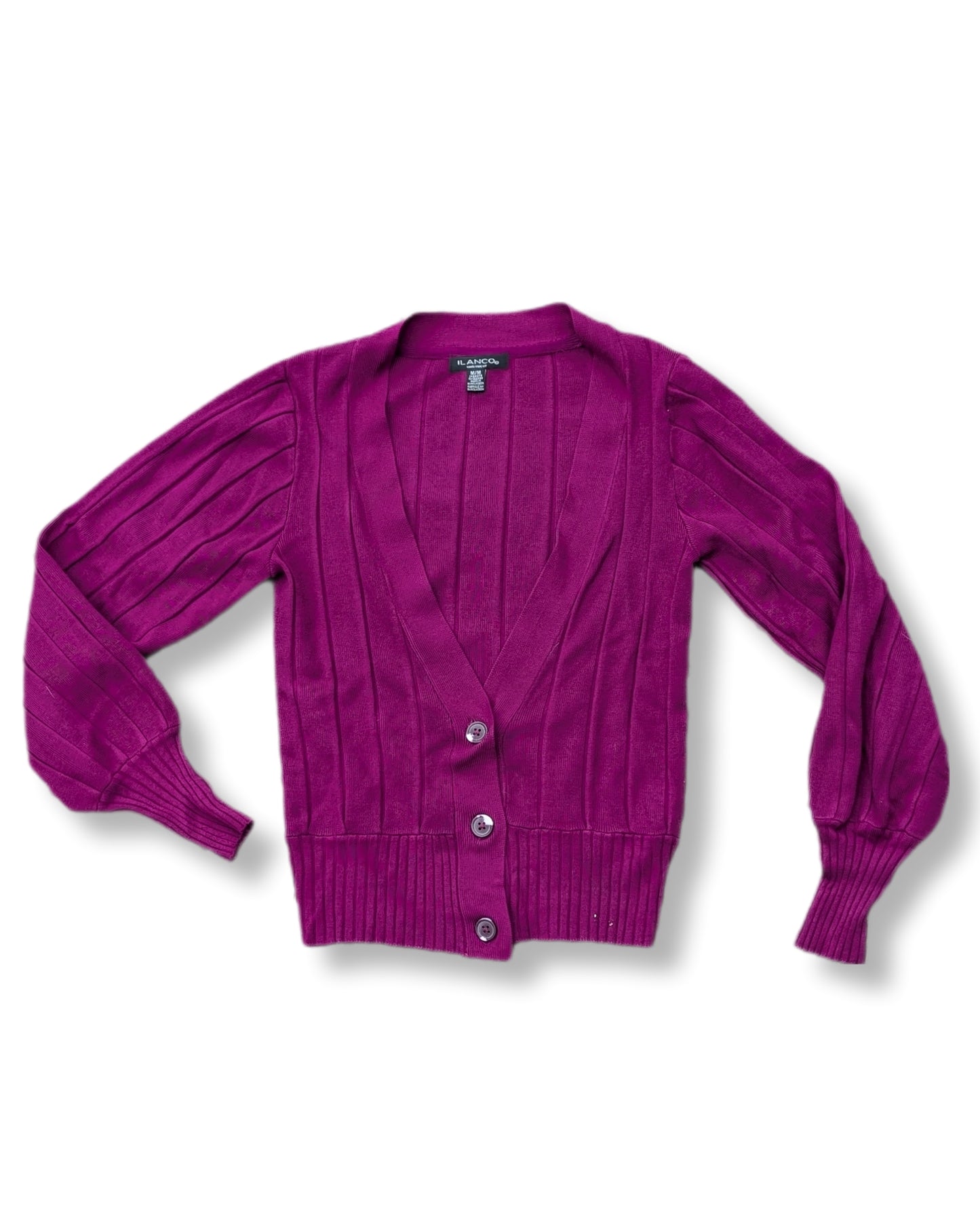 Cardigan côtelé couleur prune avec manches longues bouffantes | MÉDIUM